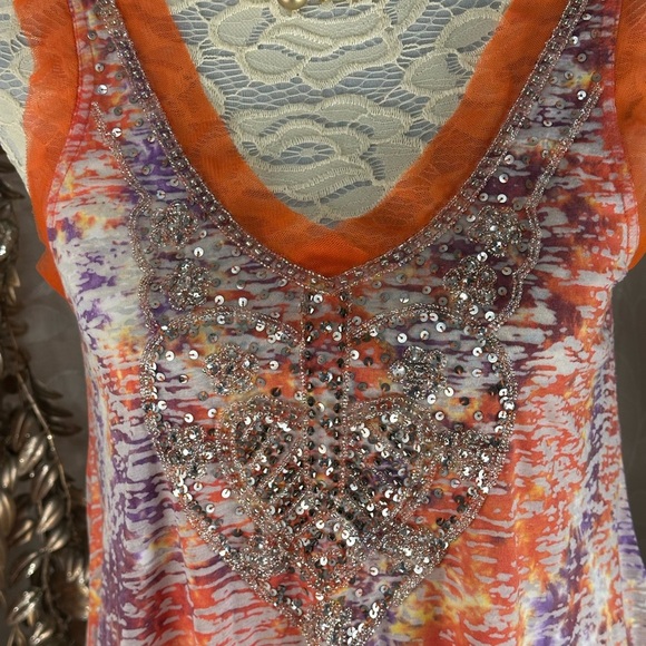 Faith Boho Beaded Sleeveless Tunic Top Medium Orange‎ Purple Tie Dye - Picture 7 of 10